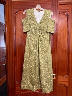 Ganni Olive Green Cold-Shoulder Floral-Print Midi Dress